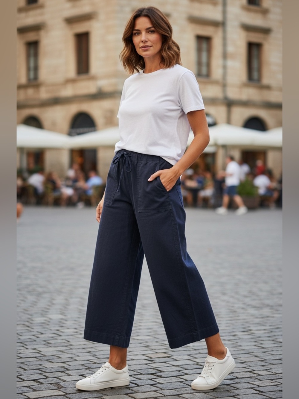 Tommy Hilfiger Navy Drawstring Cropped Wide-Leg Pants, Size Small/Petite